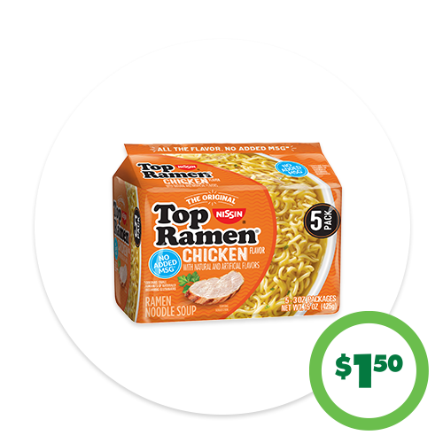 $1.50 Nissin® Top Ramen, Chicken-Flavored, 5-pk.