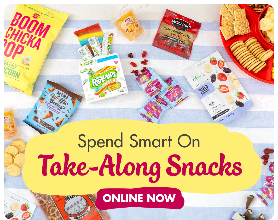 Headline: Spend Smart on Take-Along Snacks and an image of snack foods arranged on a beach towel
