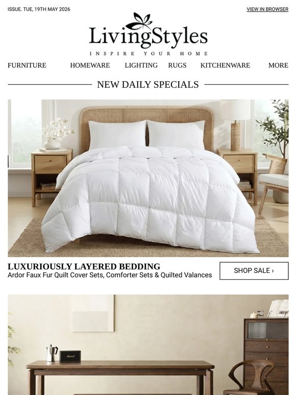 Ardor Faux Fur Quilt Cover Sets, Comforter Sets & Quilted Valances, American Walnut Timber Coffee Tables, Bar Carts & Dining Tables, Cement Coffee...