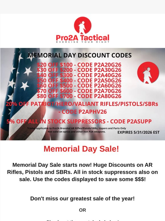 Memorial Day Sale Starts Now! Greater Discounts on AR Rifles, Pistols, Suppressors!