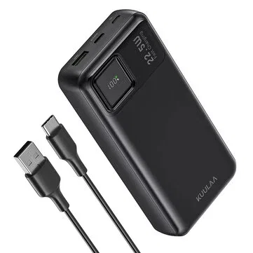 KUULAA RT-20 PD22.5W 20000mAh Power Bank LED Power Display External Battery Power Supply with 1 Input & 2 Outputs Fast Charging for iPhone 16 16 Plus 15 15 Pro 14 13 12 for Xiaomi 15 Ultra for Samsung Galaxy S25 Ultra