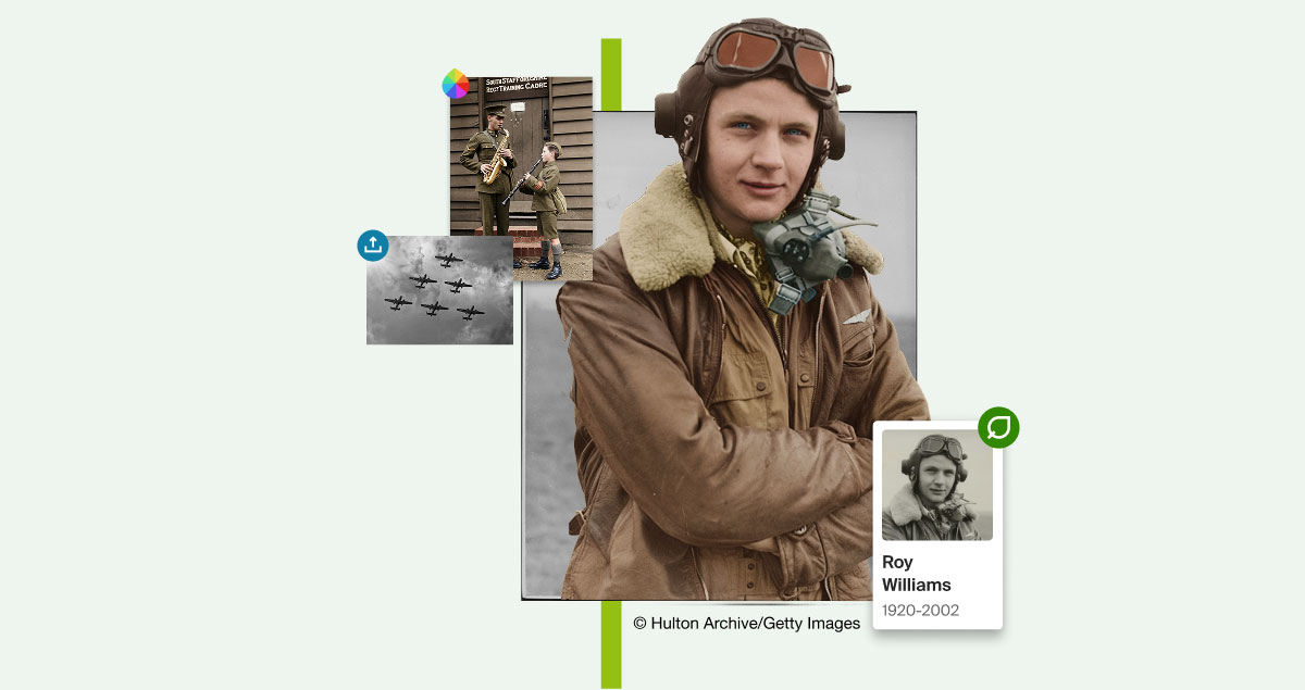 An image of pilot Roy Williams next to old photos of fighter jets
