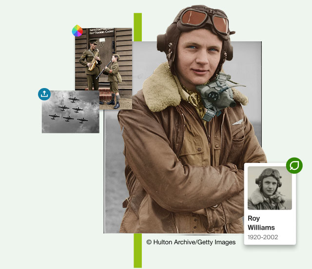 An image of pilot Roy Williams next to old photos of fighter jets