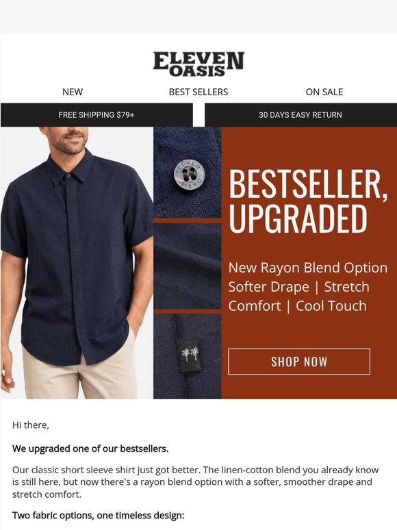 Upgraded classic: New rayon blend option (softer, smoother drape) 👔