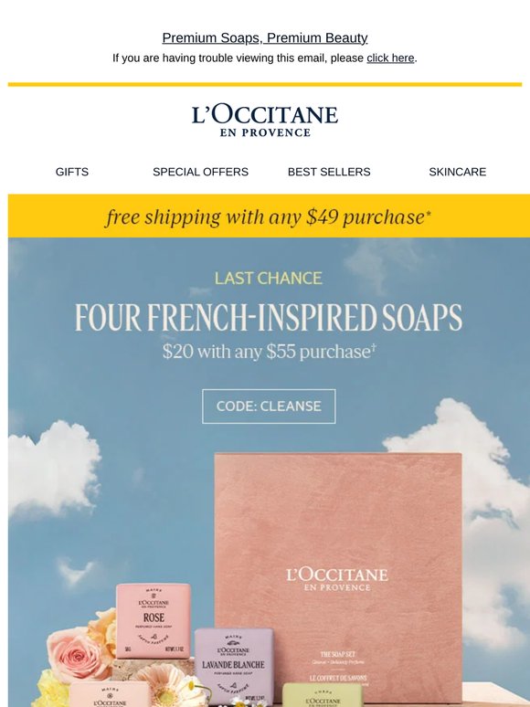 Four Travel Ready Soaps For $20 with $55 Purchase