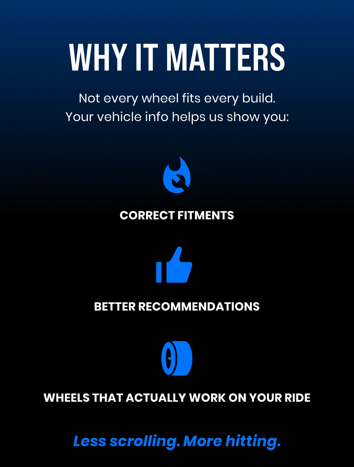 WHY IT MATTERS Not every wheel fits every build. Your vehicle info helps us show you: CORRECT FITMENTS BETTER RECOMMENDATIONS WHEELS THAT ACTUALLY WORK ON YOUR RIDE AUDIOCITYUSA Less scrolling. More hitting.