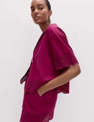 Pure Cotton Cutwork Detail Tie Front Beach Shirt