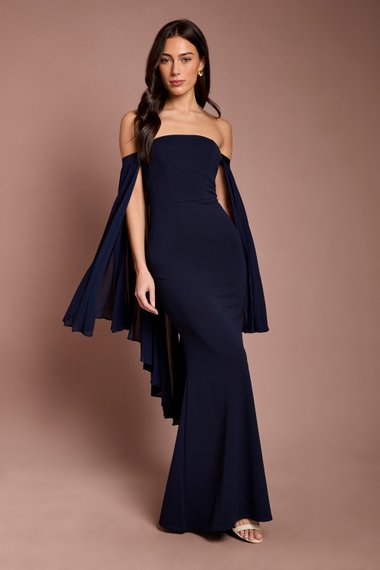 Strapless Maxi Dress With Pleated Chiffon Cape