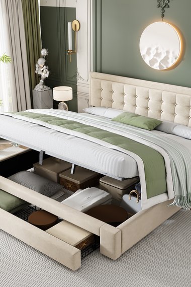 Bed Frame 180x200cm with Storage Cream Velvet