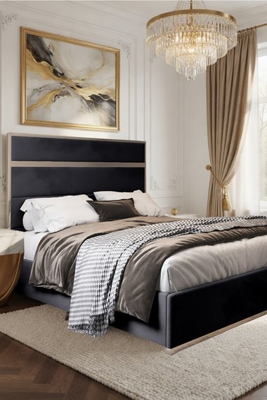 Fleetwood Upholstered Soft Velvet Black Metal Designer Bed Frame
