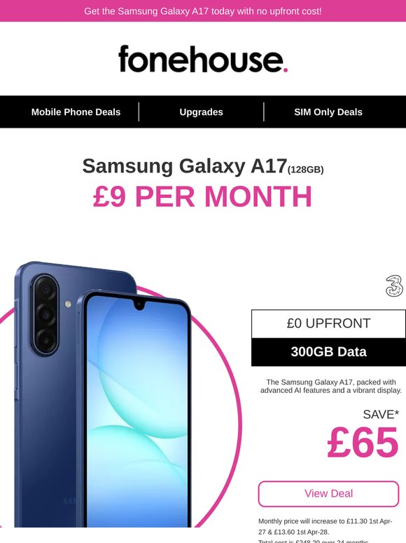 £0 upfront cost on the Samsung Galaxy A17!😊