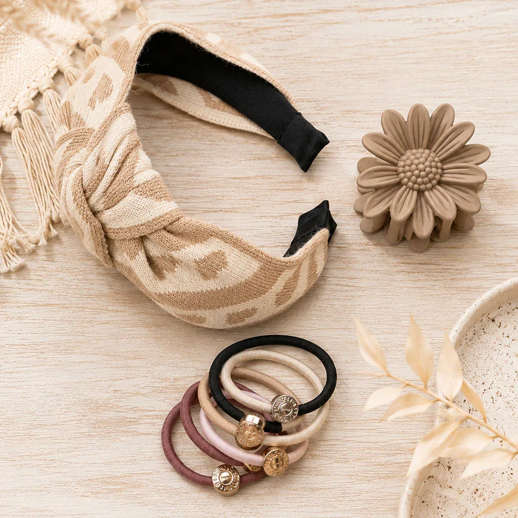 Hair accessories collection featuring padded headbands, decorative hair clips, and elastic hair ties in neutral tones displayed on wood.