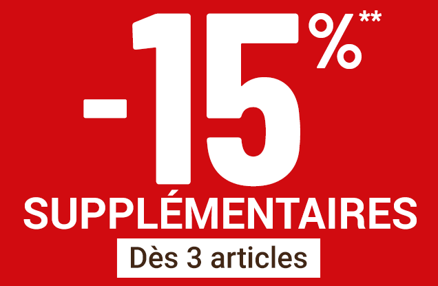 Moins 15 pour cent supplémentaires dès 3 articles