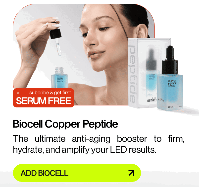 women holding blu serum bottle, serum, text and green button