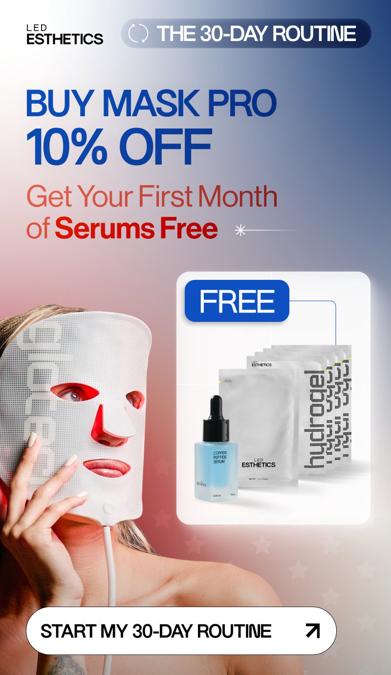 women wearin a mask, serum and hydrogels, text and button