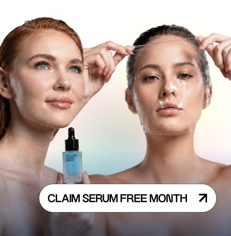 two women, one holding blu bottle, the second one placing hydrogel mask on her face
