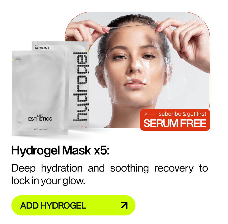 women placing on her face hydrogel mask, text and green. button