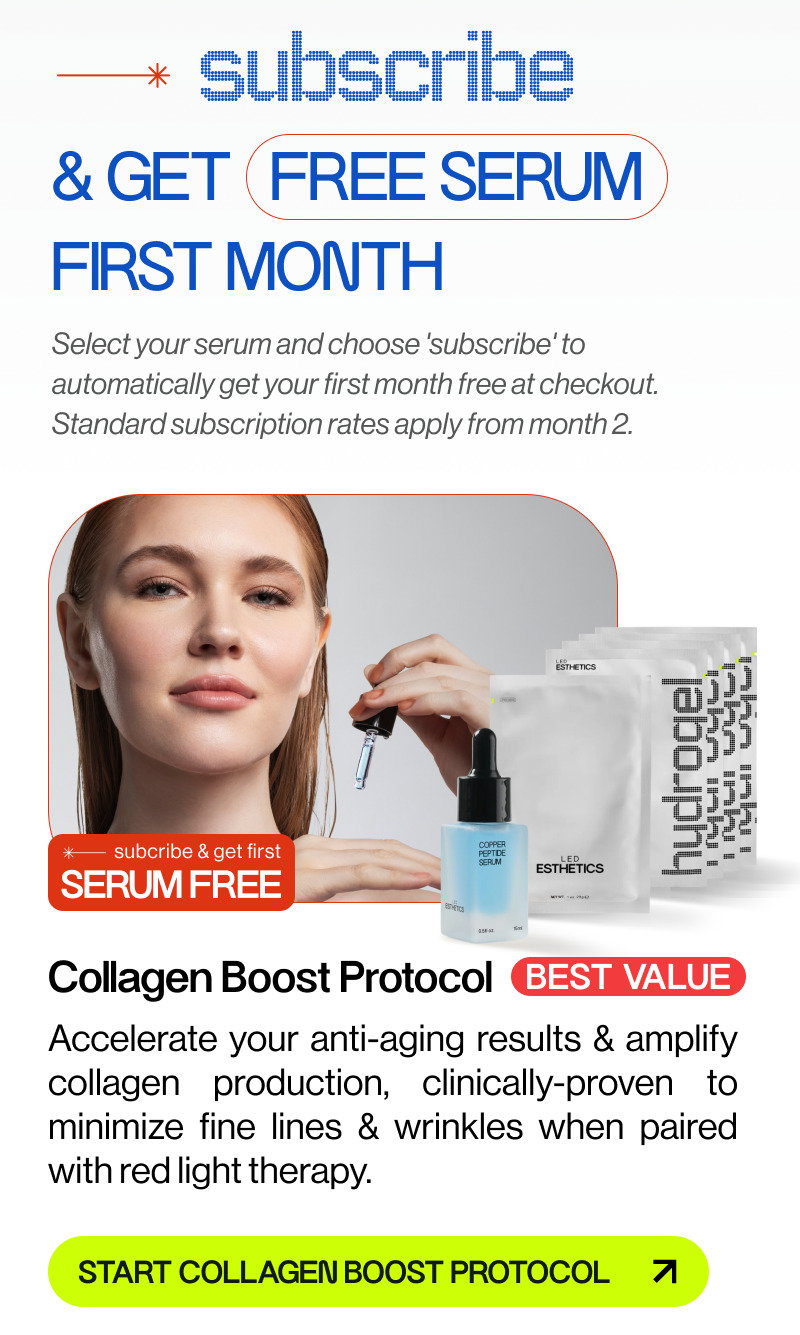 white background, text, women holding serum, blue bottle  and silver packaged