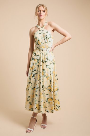 Lemon Floral Halter Cotton Poplin Midi Dress