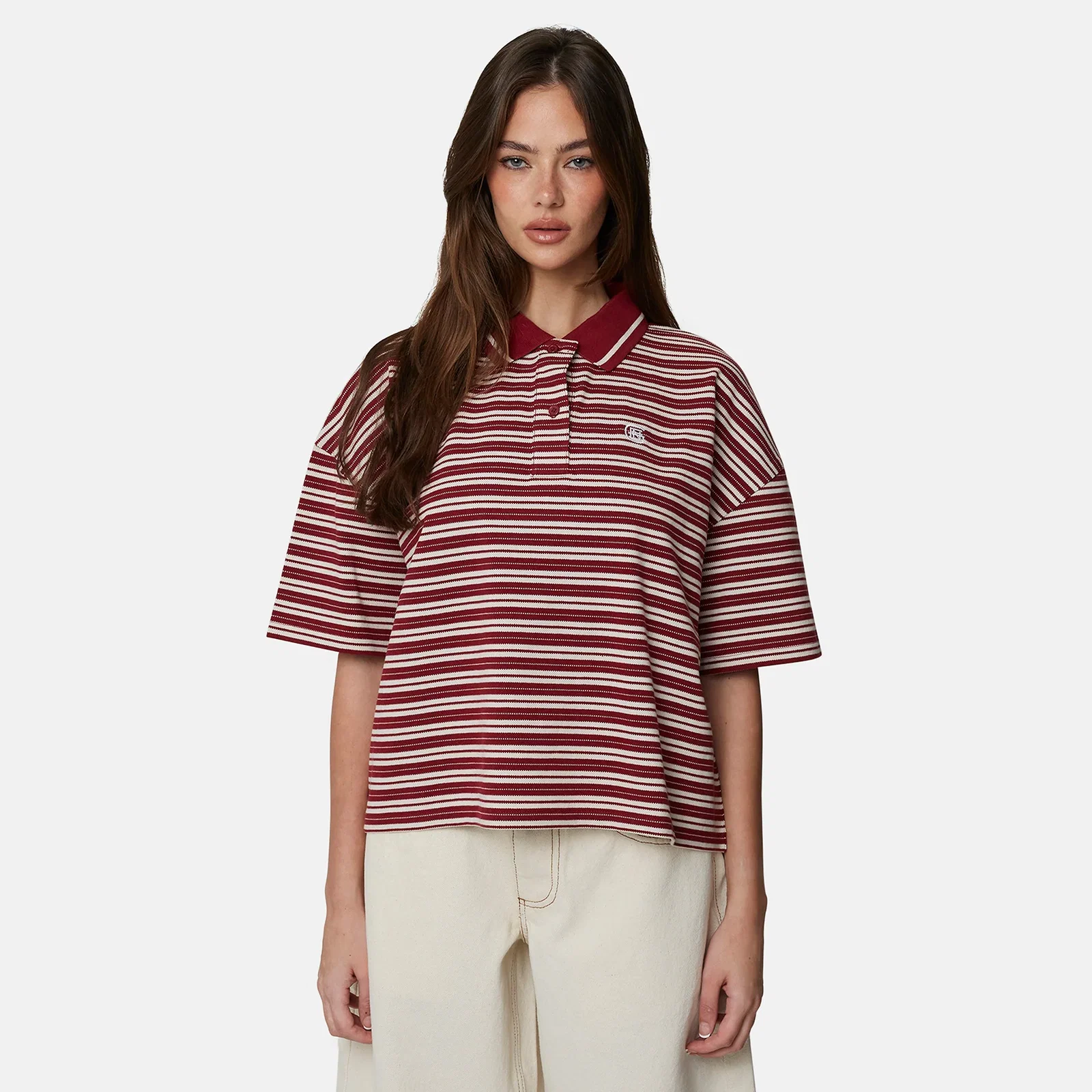 Image of Monogram Maroon Striped Short Sleeve Polo