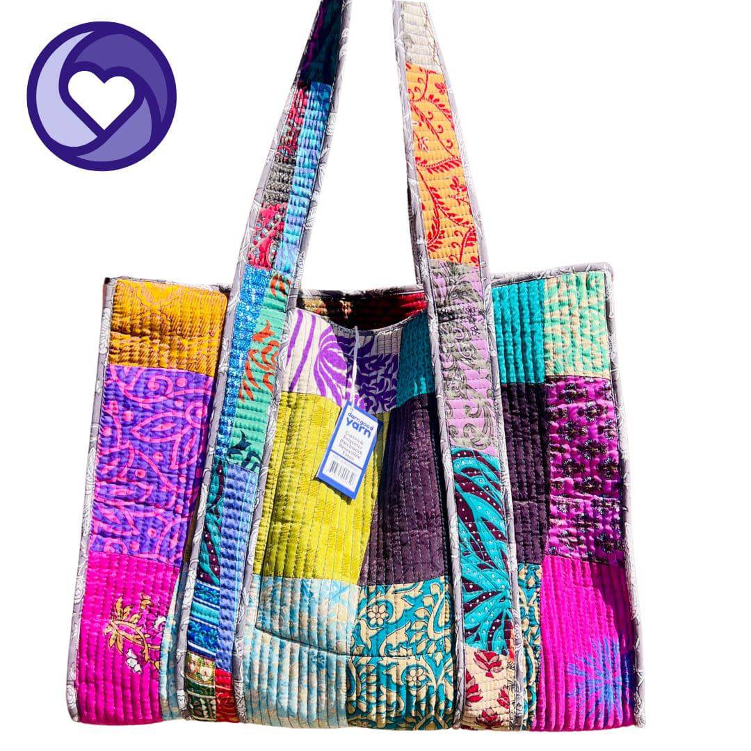 Quilted patchwork cotton tote in vibrant colors