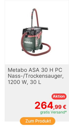 Metabo ASA 30 H PC 602088000 NassTrockensauger 1er Set 1200W 30l Staubklasse H zertifiziert antistatisch