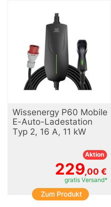 Wissenergy P60 Mobile Ladestation Typ 2 Mode 2 16A 11kW