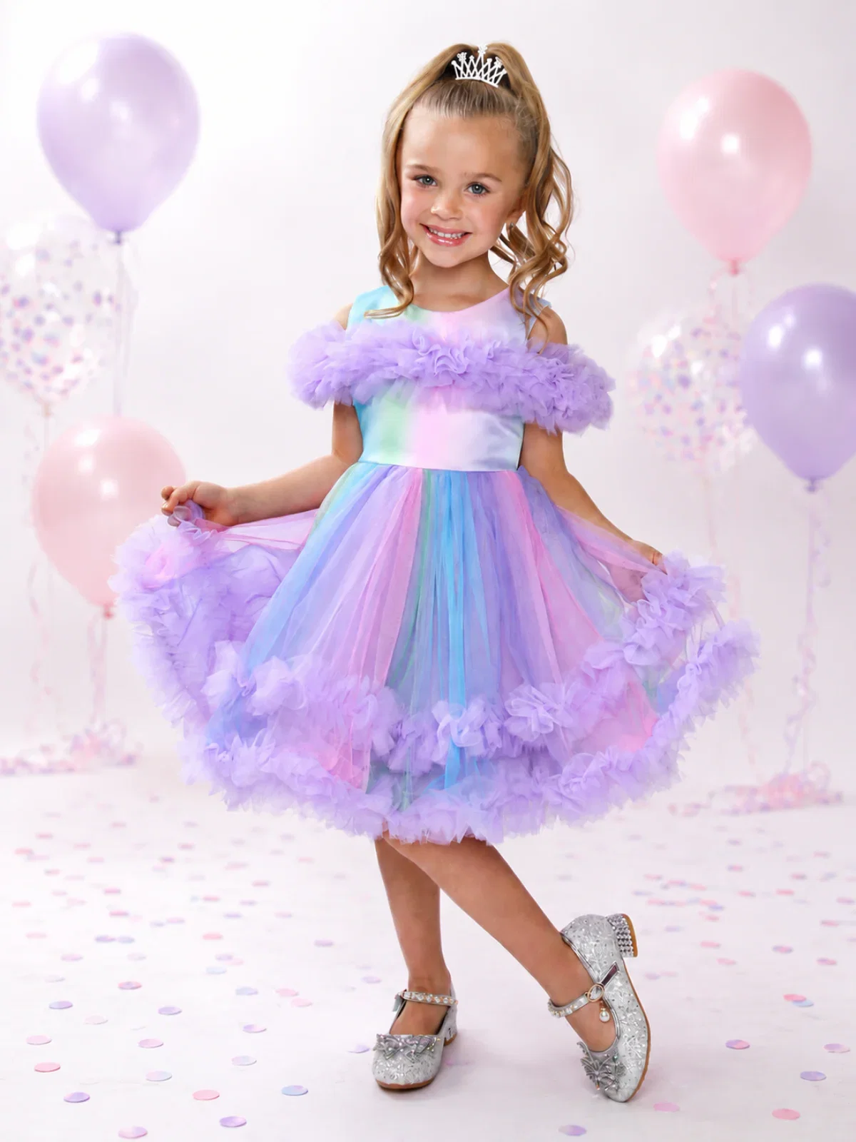 Image of Princess Twirl Rainbow Tulle Ruffle Dress