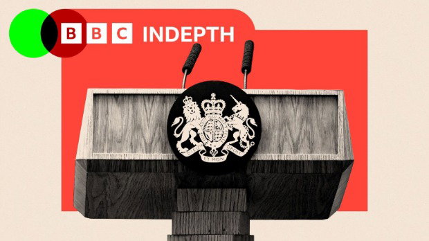 A black and white image of a lectern in front of a red background. The BBC InDepth logo in red and green is in the top left corner.