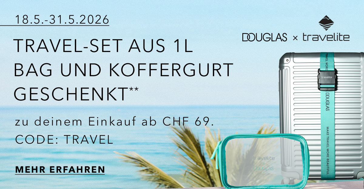 Douglas und Travelite bieten ein Reiseset aus einer 1-Liter-Tasche und einem Kofferband ab einem Einkauf von 69 CHF mit dem Code TRAVEL. Jetzt mehr erfahren!'