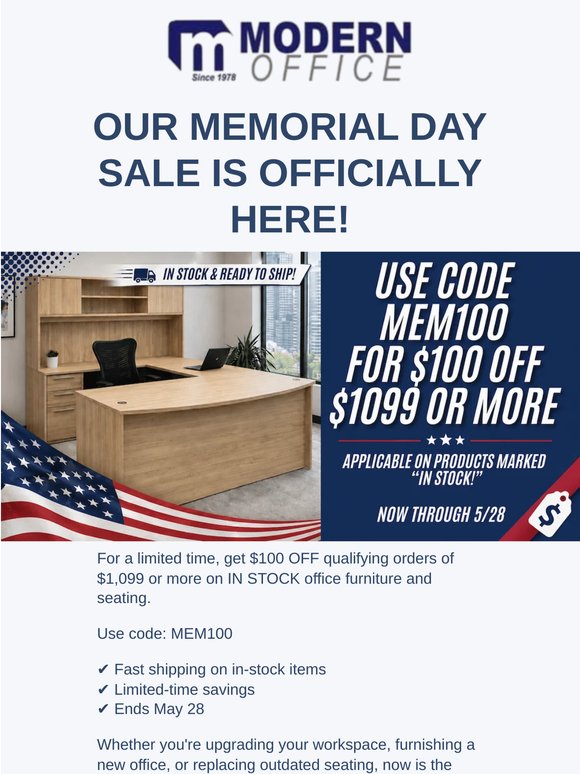 Memorial Day Sale Starts Now — Save $100 on In-Stock Office Furniture