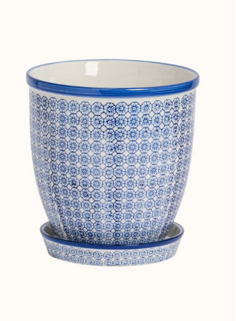 20cm Hand Printed Stoneware Plant Pot with Saucer