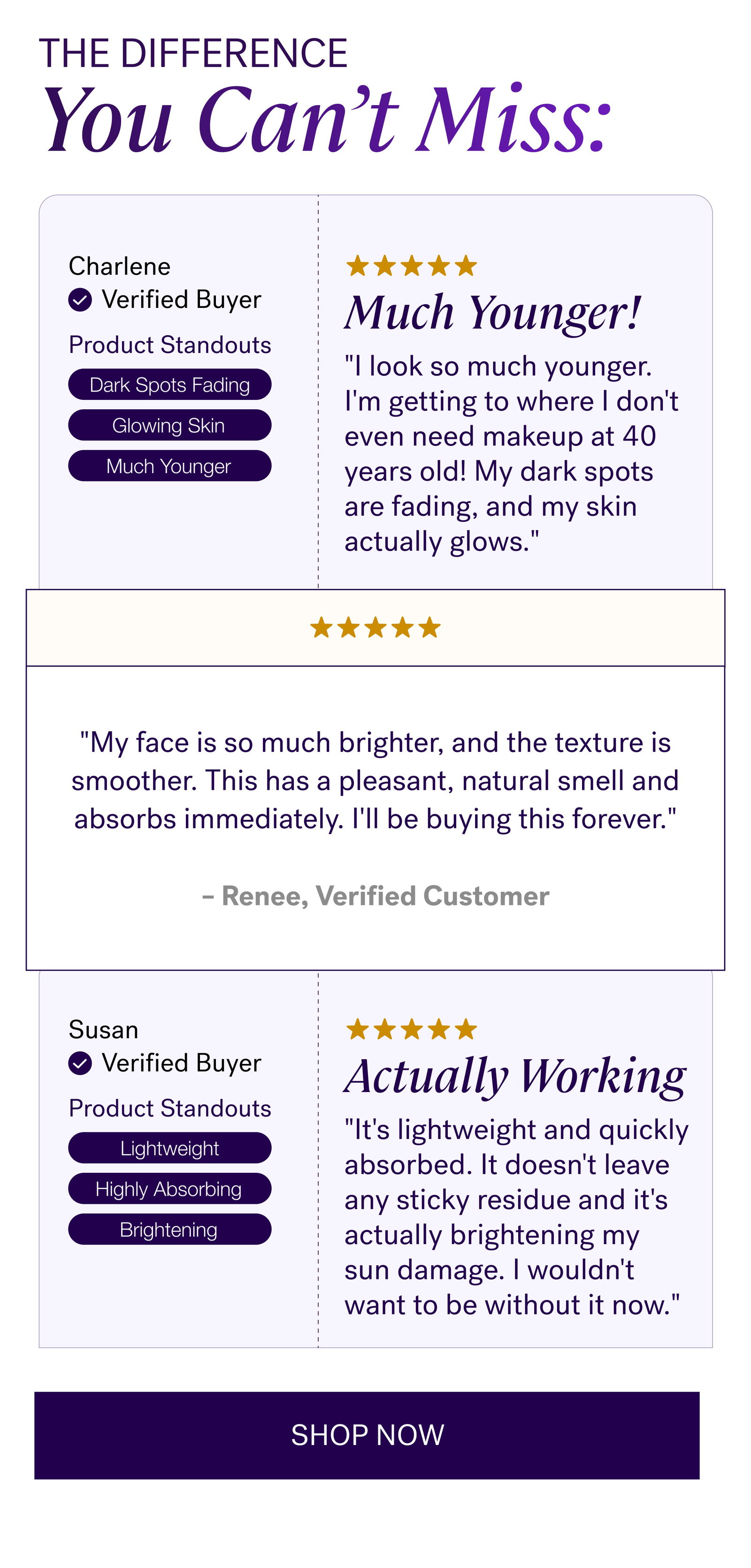The DIFFERENCE You Can’t Miss: Charlene Verified Buyer Much Younger! Product Standouts "I look so much younger. I'm getting to where I don't even need makeup at 40 years old! My dark spots are fading, and my skin actually glows." Dark Spots Fading Glowing Skin Much Younger "My face is so much brighter, and the texture is smoother. This has a pleasant, natural smell and absorbs immediately. I'll be buying this forever."  – Renee, Verified Customer Susan Verified Buyer Actually Working Product Standouts "It's lightweight and quickly absorbed. It doesn't leave any sticky residue and it's actually brightening my sun damage. I wouldn't want to be without it now." Lightweight Highly Absorbing Brightening SHOP NOW