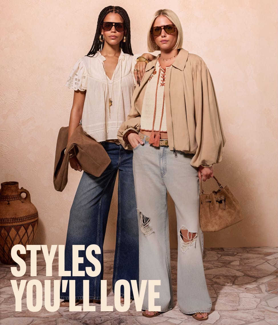 Model wearing a brown co-ord set with loose trousers and an off-shoulder top, styled with sandals, bangles, and a headscarf, sitting on a pouffe with “25% Off Your Personalised Edit” promotional text.