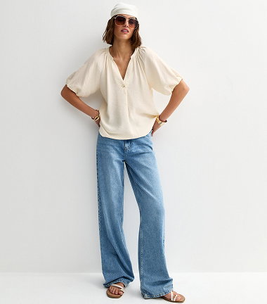 Off White Puff Sleeve V-Neck Blouse