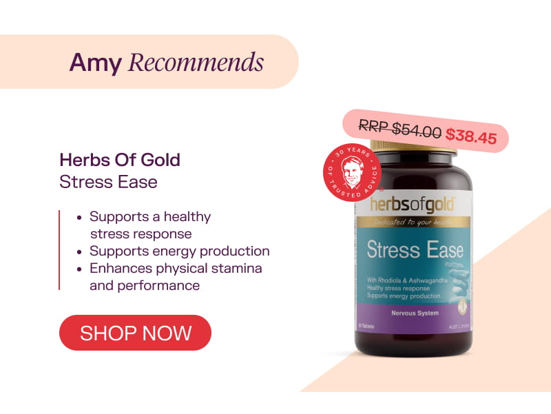 Amy recommends Herbs of Gold Stress Ease  RRP 54.00 38.45 Shop Now  Supports a healthy stress response Supports energy production Enhances physical stamina and performance