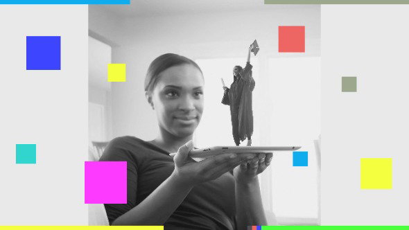 A graphic shows a black and white image of a woman holding a tablet device flat, with a small figure of a person lifting a graduation cap while wearing a graduation gown and holding a rolled certificate. The graphic has multicoloured squares overlaid.