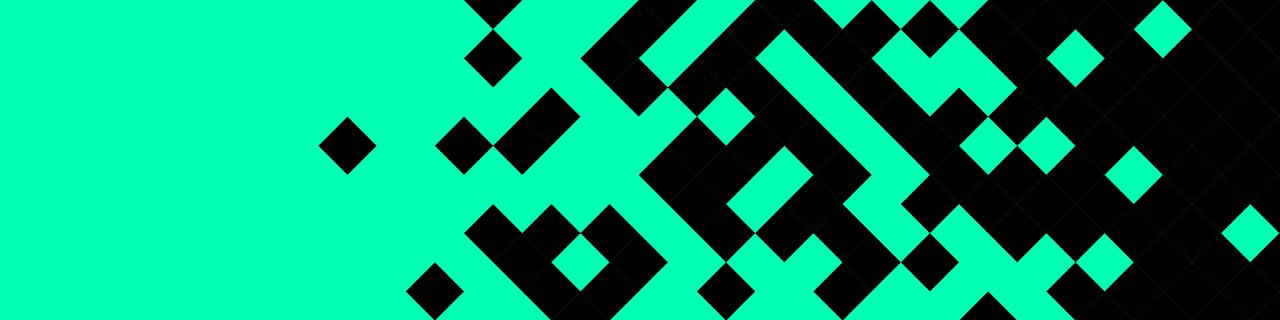 A green header image with black squares and rectangles forming pixels, moving in from the right