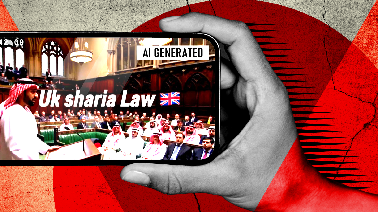 A composite graphic shows a hand holding a phone with an AI-generated image of a man in traditional Islamic clothing, including a red-and-white headdress, addressing the UK Parliament, with several others in similar clothing sitting on the green benches. The video has a caption saying 'UK Sharia Law'. The image has a label saying “AI generated”.
