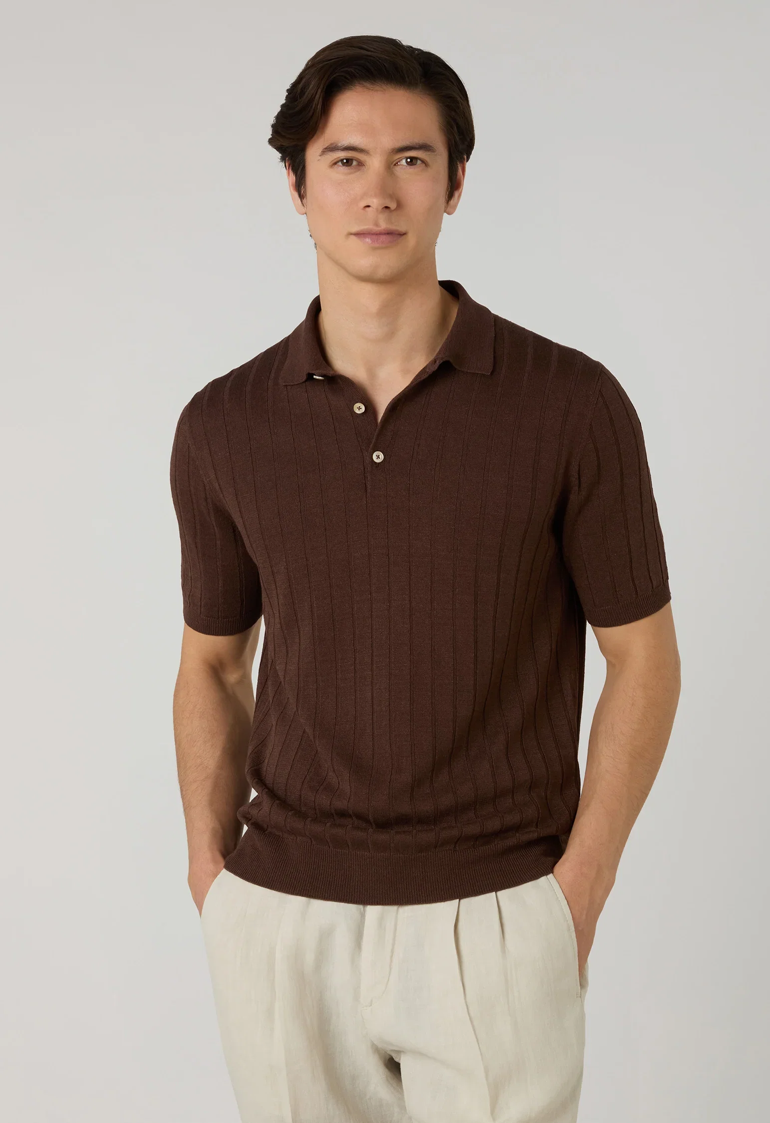 Image of Brown Linen Cotton Flat Rib Short-Sleeve Polo