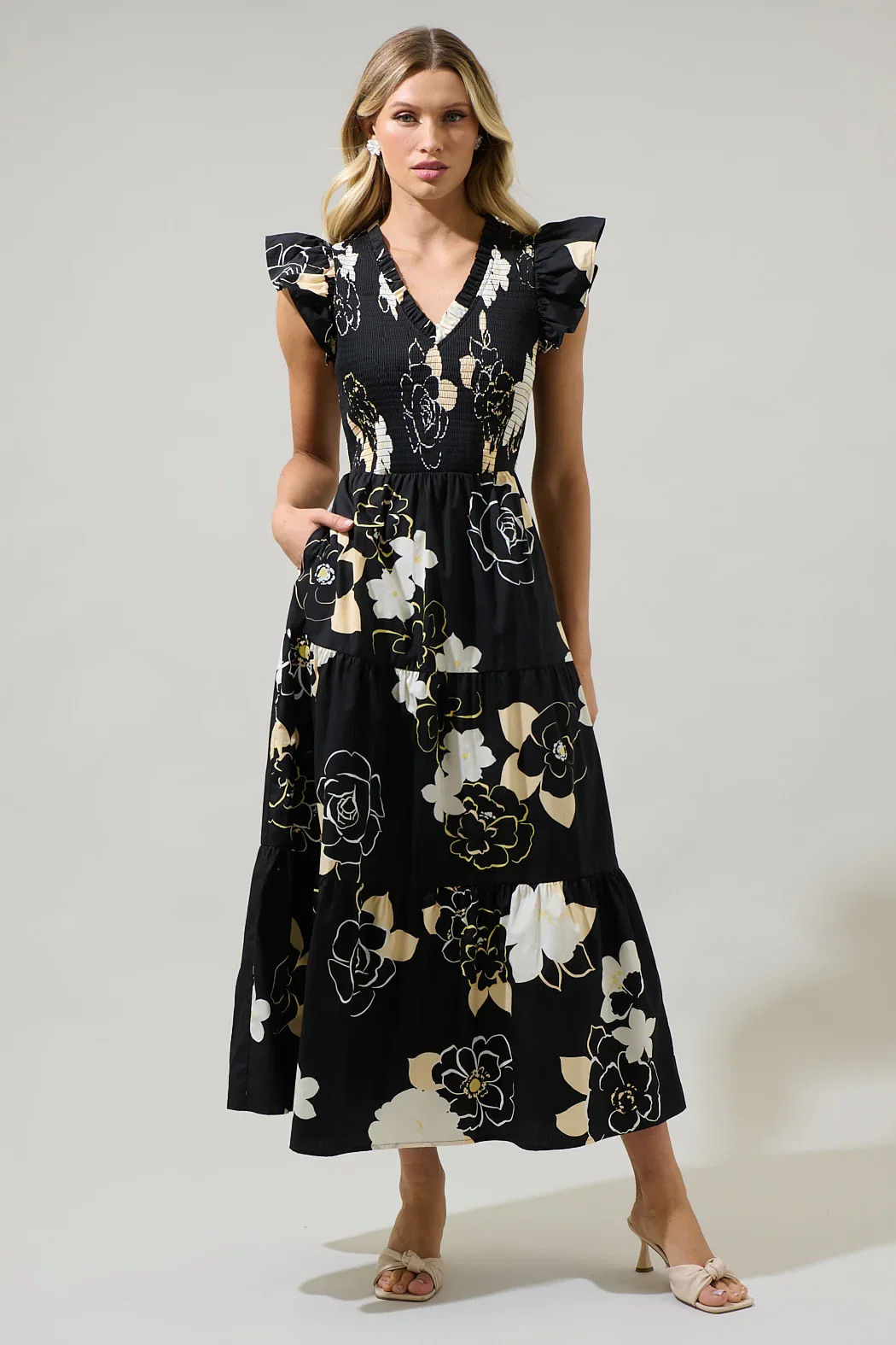 Image of Cairan Rose Sunfire Smocked Bodice Tiered Midi Dress