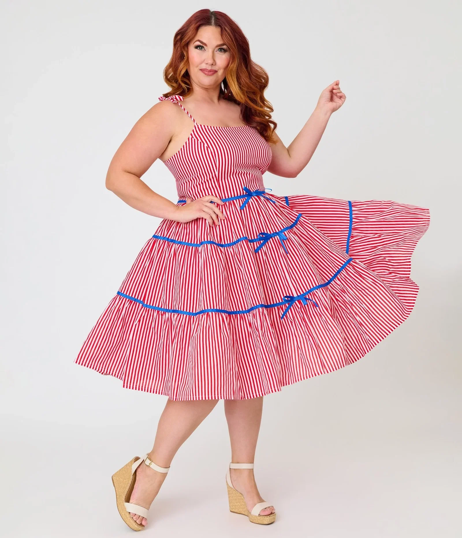 Image of Unique Vintage Plus Size Red & White Striped Tiered Swing Dress