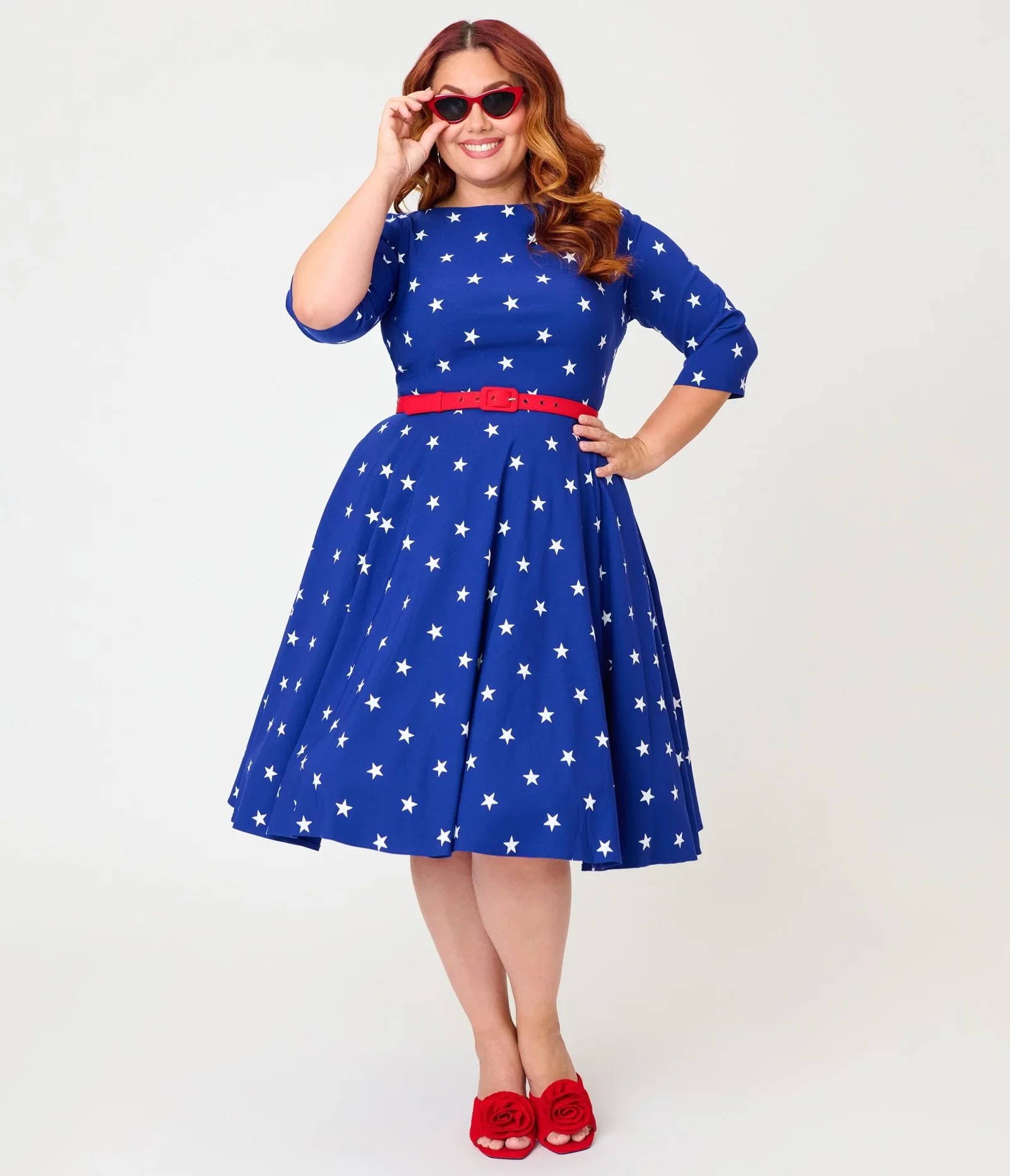 Image of Unique Vintage Plus Size Navy & White Star Devon Swing Dress