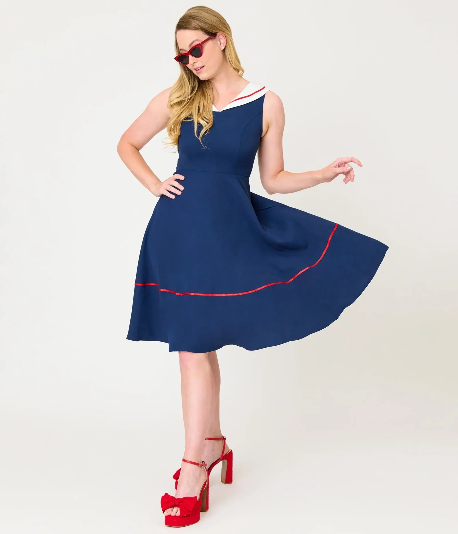 Image of Navy & White Collared Flare Dress
