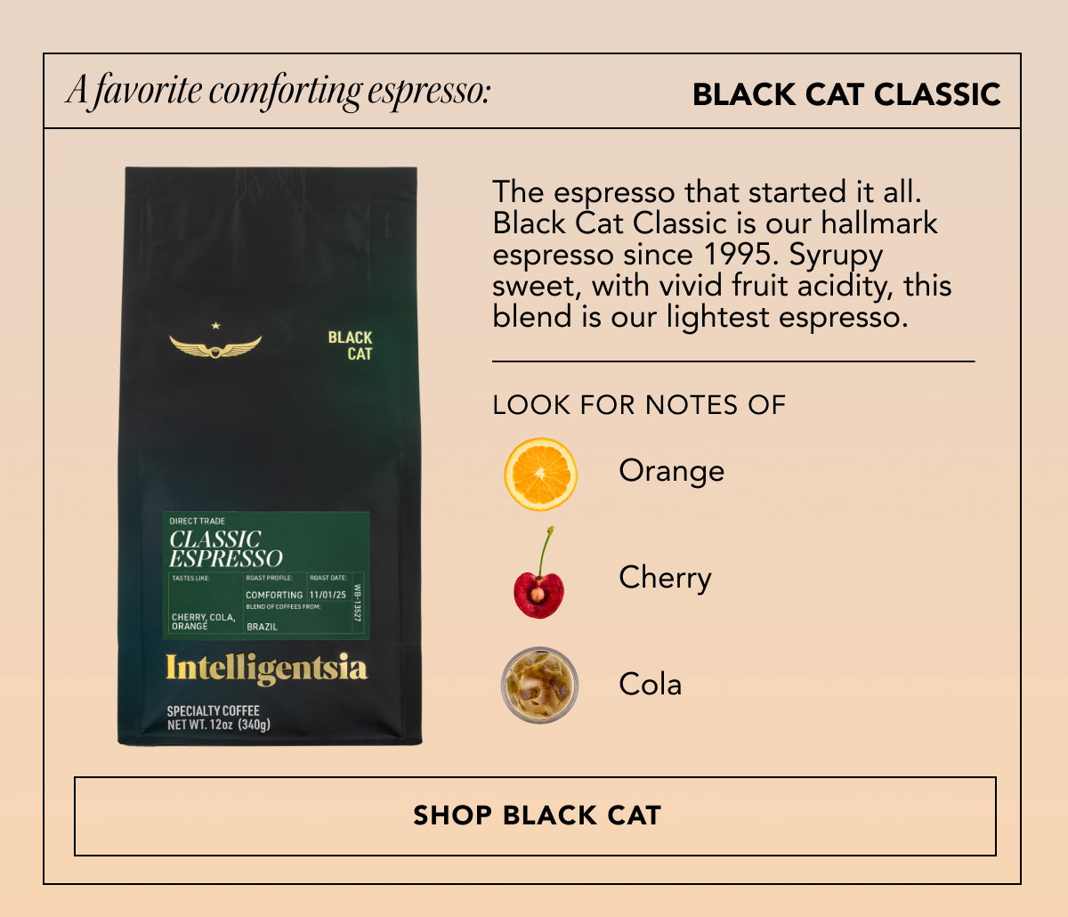 Our favorite comforting espresso: Black Cat Classic | The espresso that started it all. Black Cat Classic is our hallmark espresso since 1995. Syrupy sweet, with vivid fruit acidity, this blend is our lightest espresso. Look for notes of orange, cherry, cola. | SHOP CLASSIC