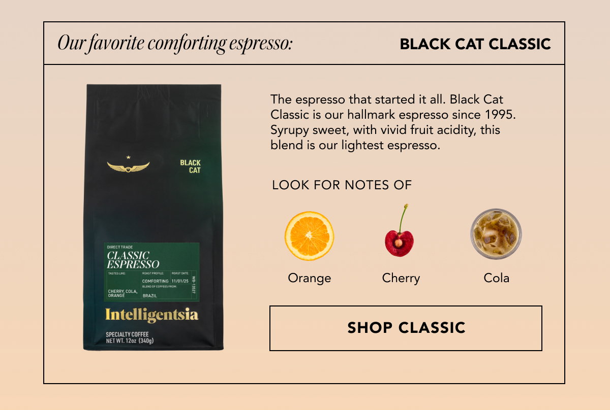 Our favorite comforting espresso: Black Cat Classic | The espresso that started it all. Black Cat Classic is our hallmark espresso since 1995. Syrupy sweet, with vivid fruit acidity, this blend is our lightest espresso. Look for notes of orange, cherry, cola. | SHOP CLASSIC