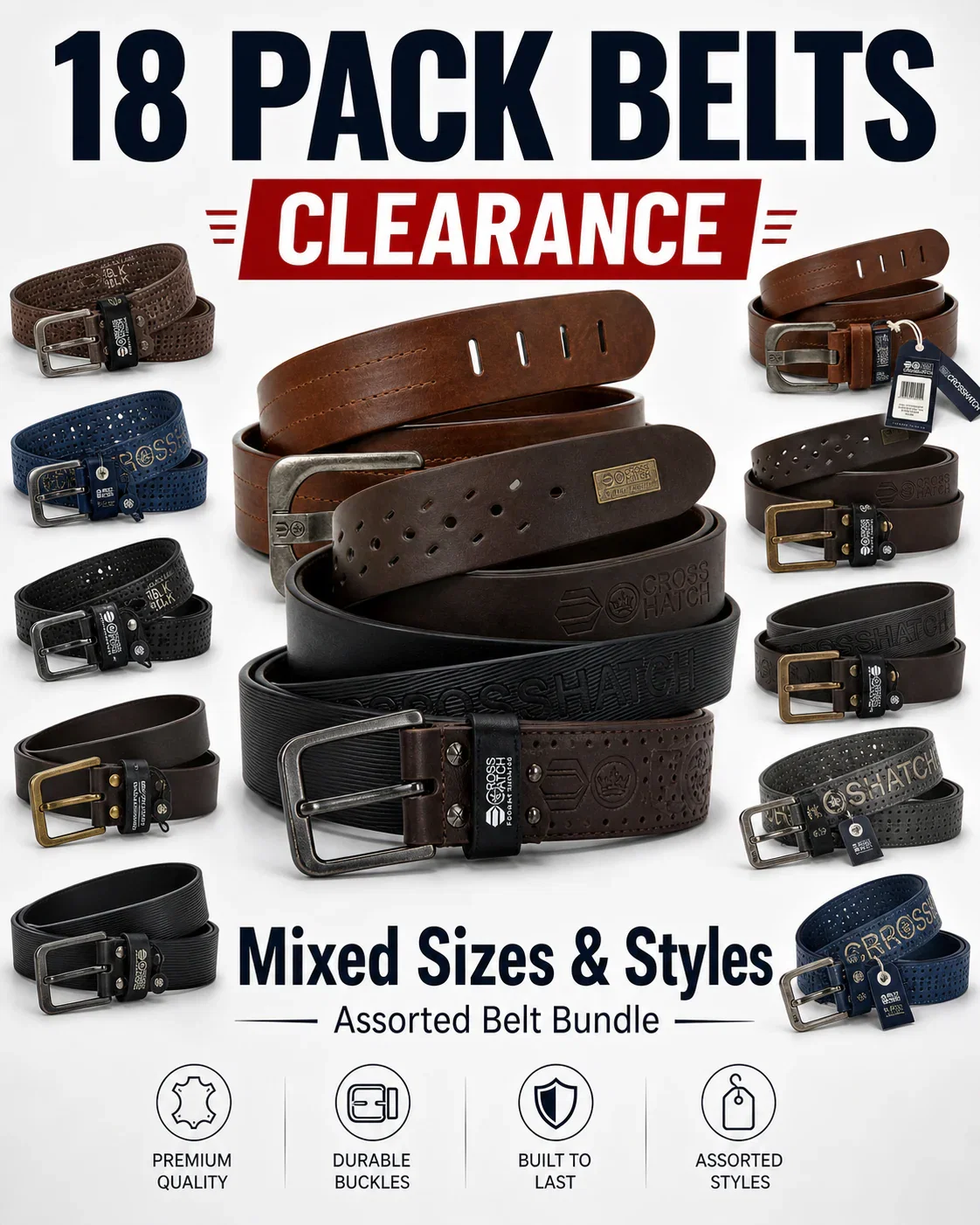 Image of 18 Pack Crosshatch Belts Clearance Bundle – Mixed Sizes, Colours & Styles