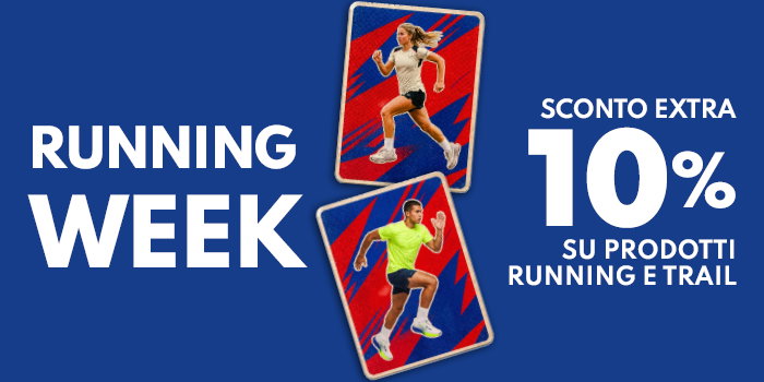 Running Week banner showing two runners mid-stride on red cards and text 'Extra 10% off running and trail products'