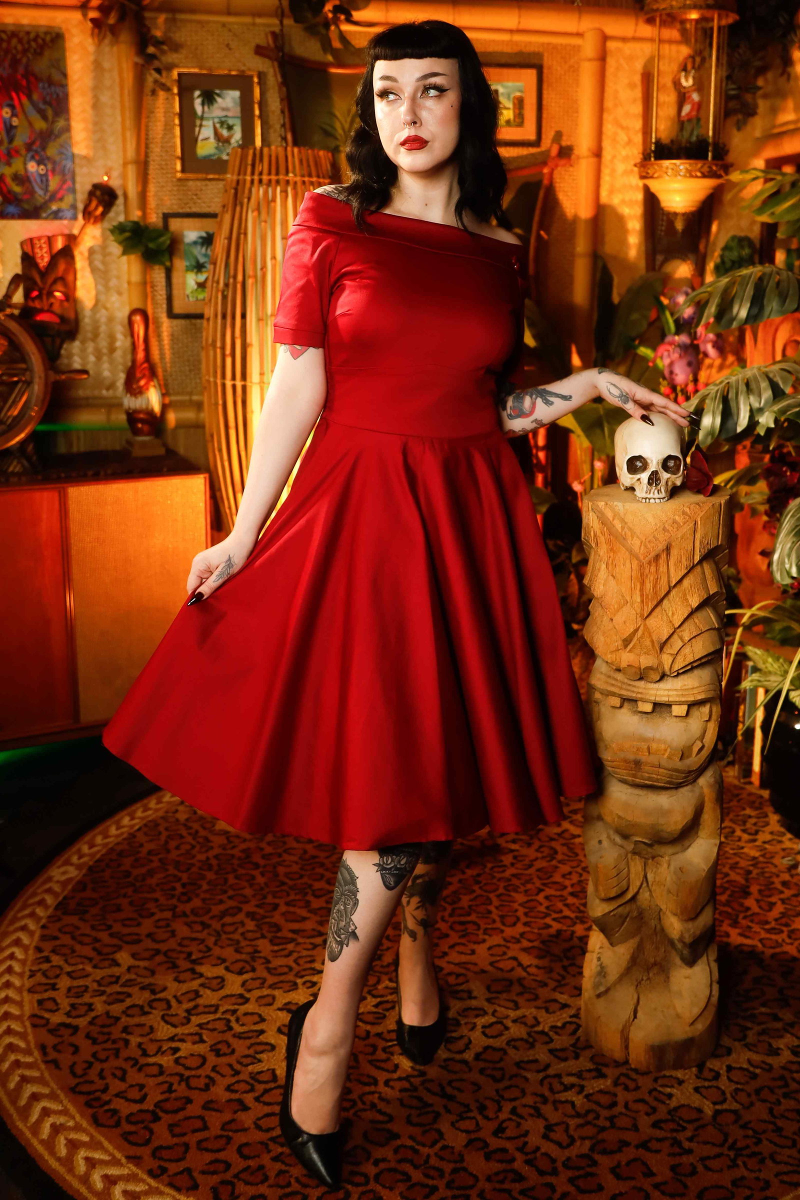 Image of Darlene Burgundy Roll Collar Circle Dress