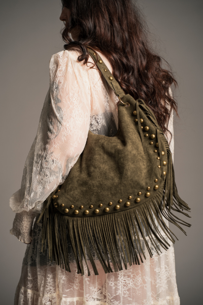 Willow Slouchy Khaki Faux Suede Studded Bag